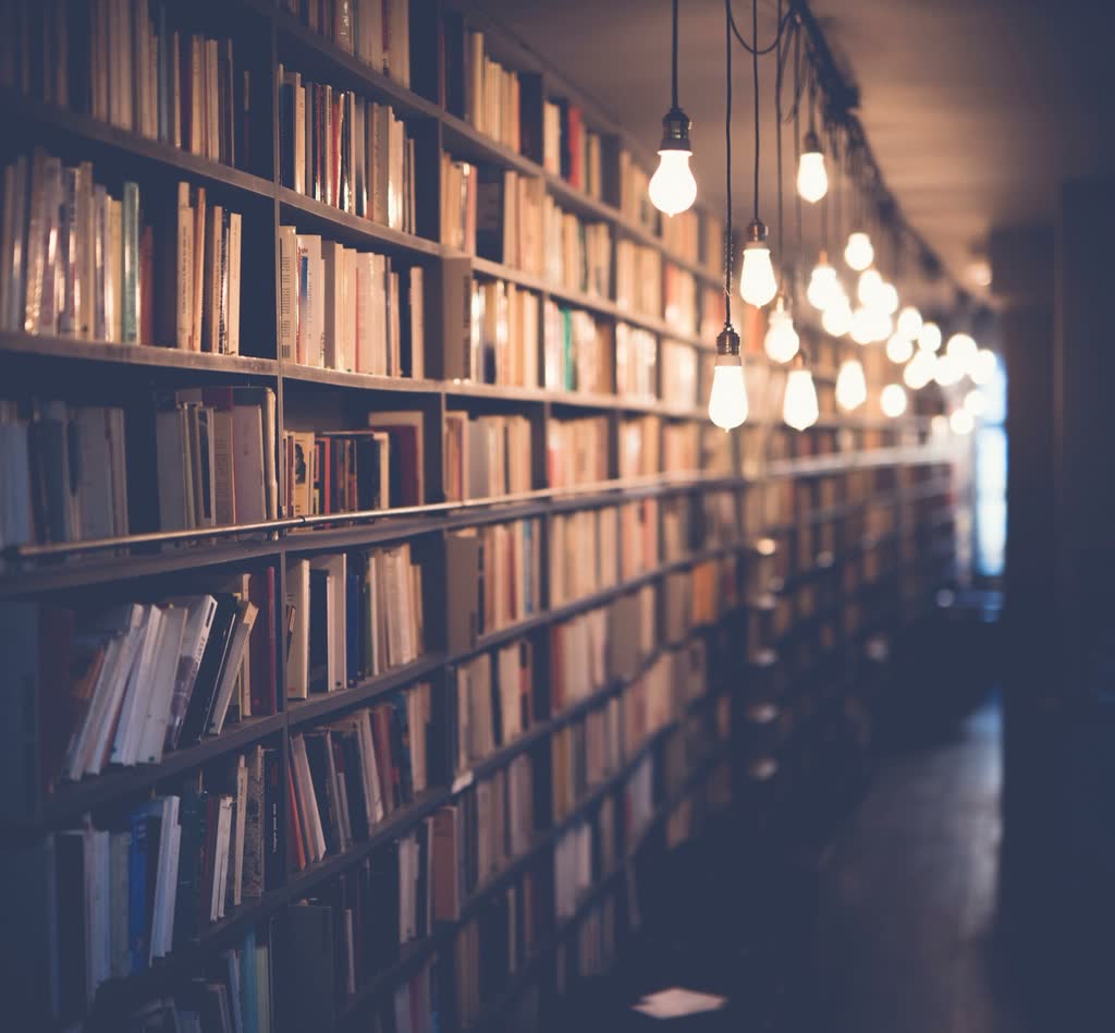 Shelves of old books lit by a row of warm hanging bulbs