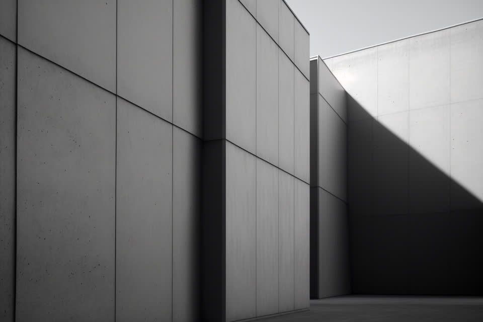 Tidewater Hotel, plate 1: Pale concrete wall panels split by a hard diagonal shadow